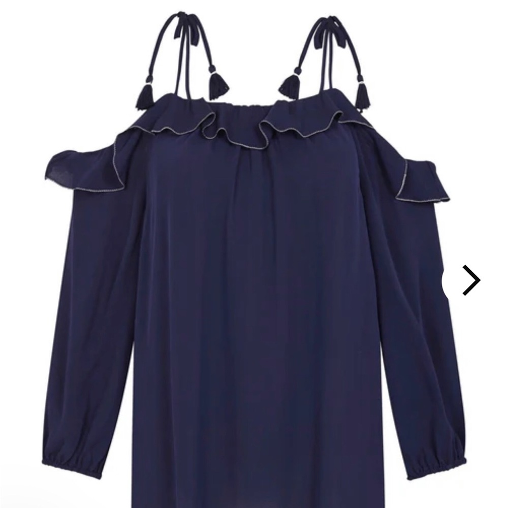 Joie Navy Cold-Shoulder Ruffle Tie-Shoulder Blouse Size L - Picture 5 of 11